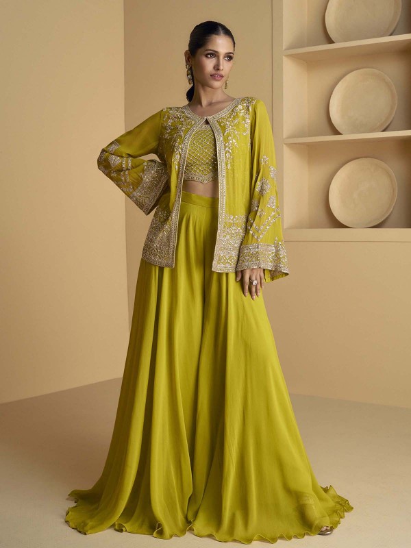 Mustard Green Real Georgette Koti Style Sharara Suit